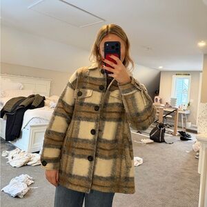 Zara Checkered Shirt Jacket - Cream and Brown